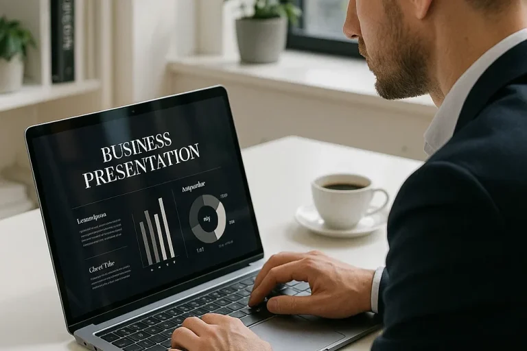 Man working on a laptop displaying a business presentation with graphs and charts.