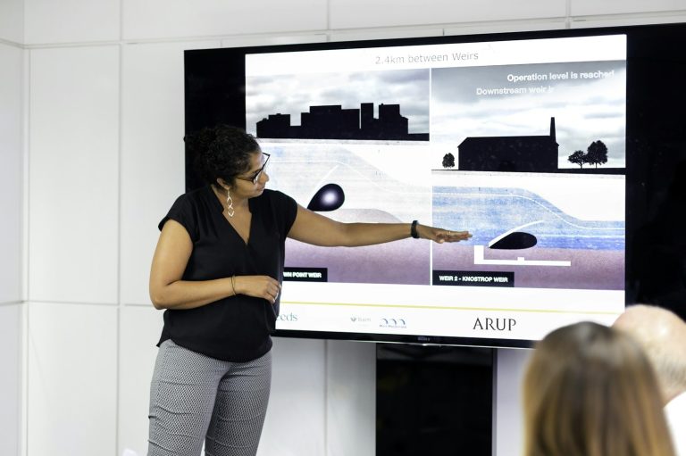 A woman presenting information on a screen, pointing at visual graphs and images.